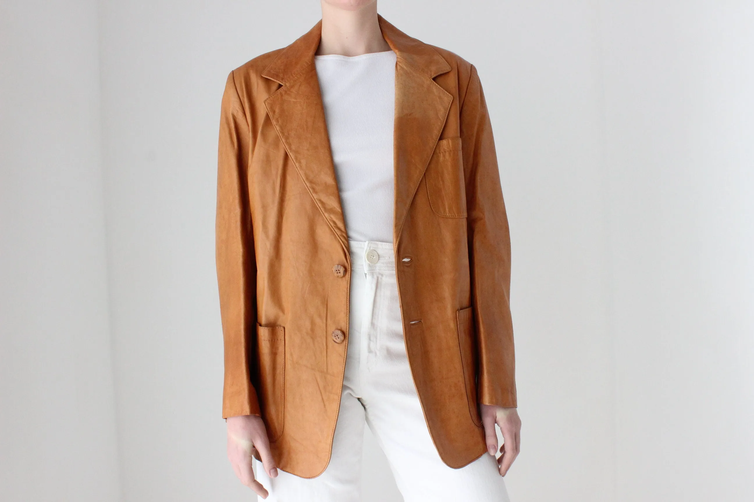 70s Honey Brown Characterful Leather Blazer