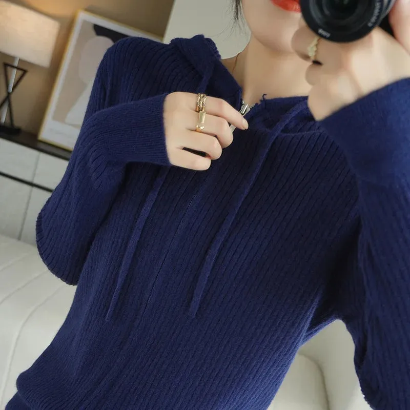 Buttery Soft 100% Pure Merino Wool Knitted  Zipper Hooded Cardigan