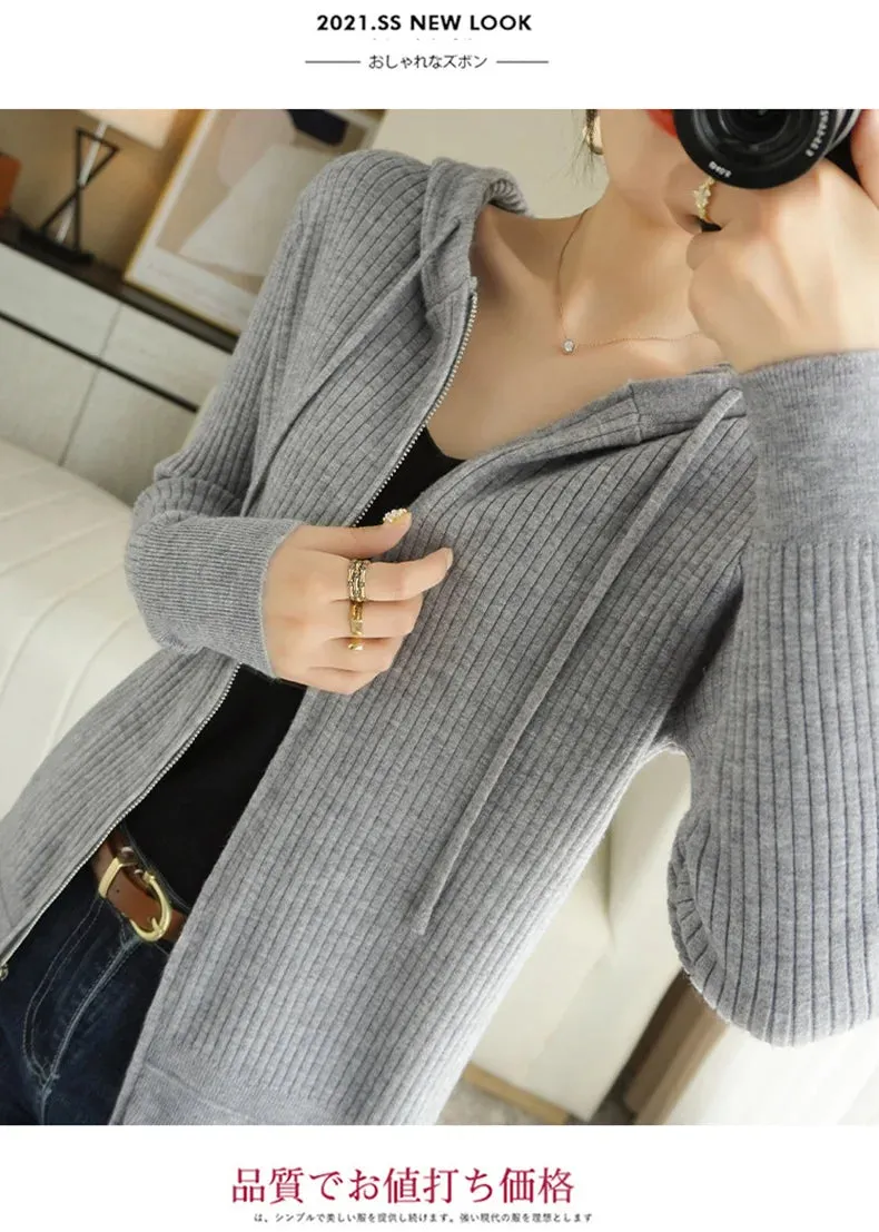 Buttery Soft 100% Pure Merino Wool Knitted  Zipper Hooded Cardigan