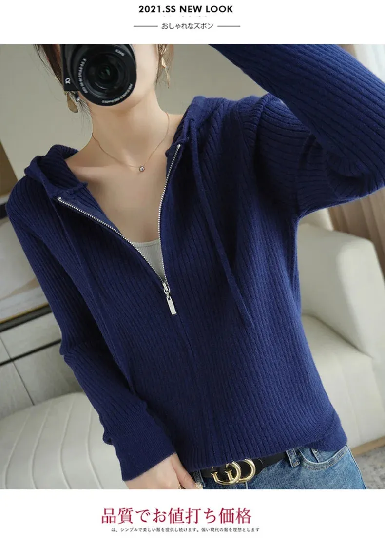 Buttery Soft 100% Pure Merino Wool Knitted  Zipper Hooded Cardigan