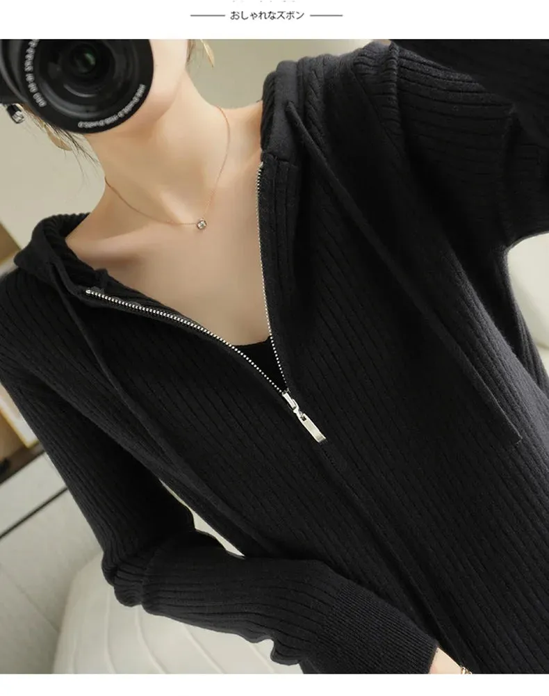 Buttery Soft 100% Pure Merino Wool Knitted  Zipper Hooded Cardigan
