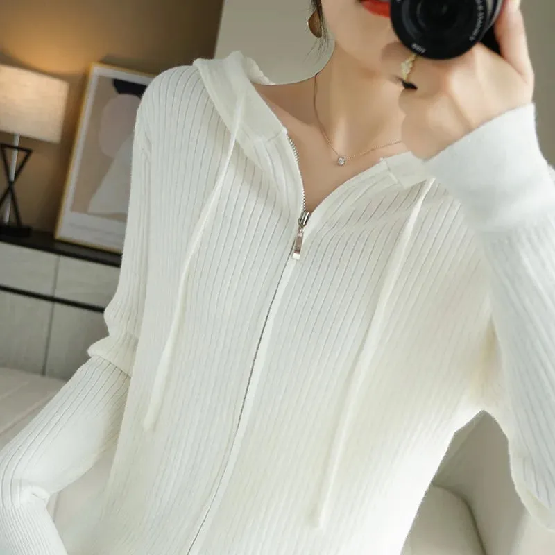 Buttery Soft 100% Pure Merino Wool Knitted  Zipper Hooded Cardigan