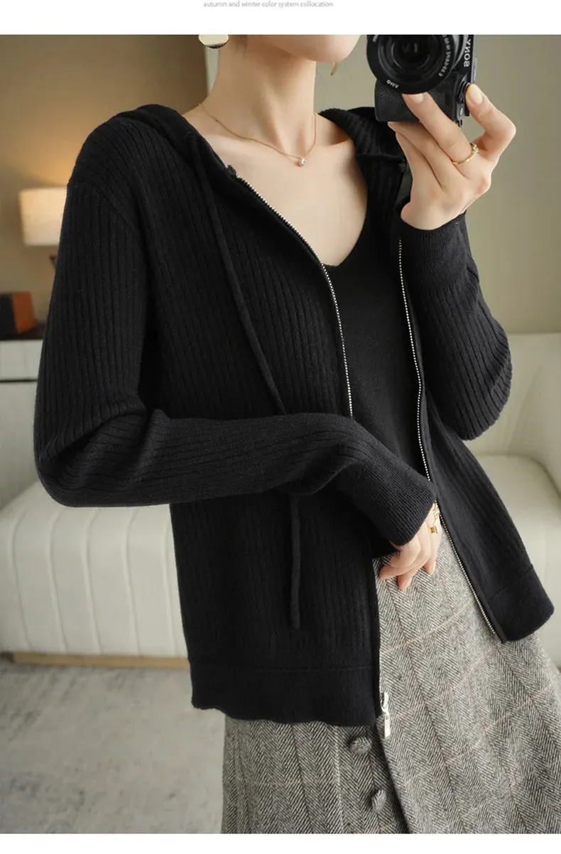 Buttery Soft 100% Pure Merino Wool Knitted  Zipper Hooded Cardigan