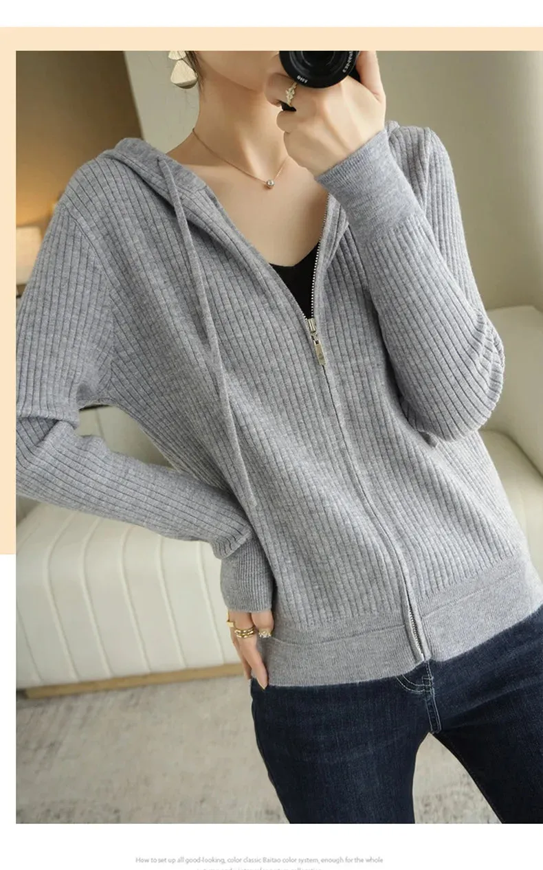 Buttery Soft 100% Pure Merino Wool Knitted  Zipper Hooded Cardigan