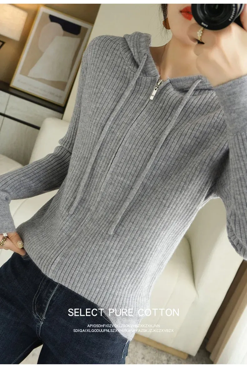 Buttery Soft 100% Pure Merino Wool Knitted  Zipper Hooded Cardigan