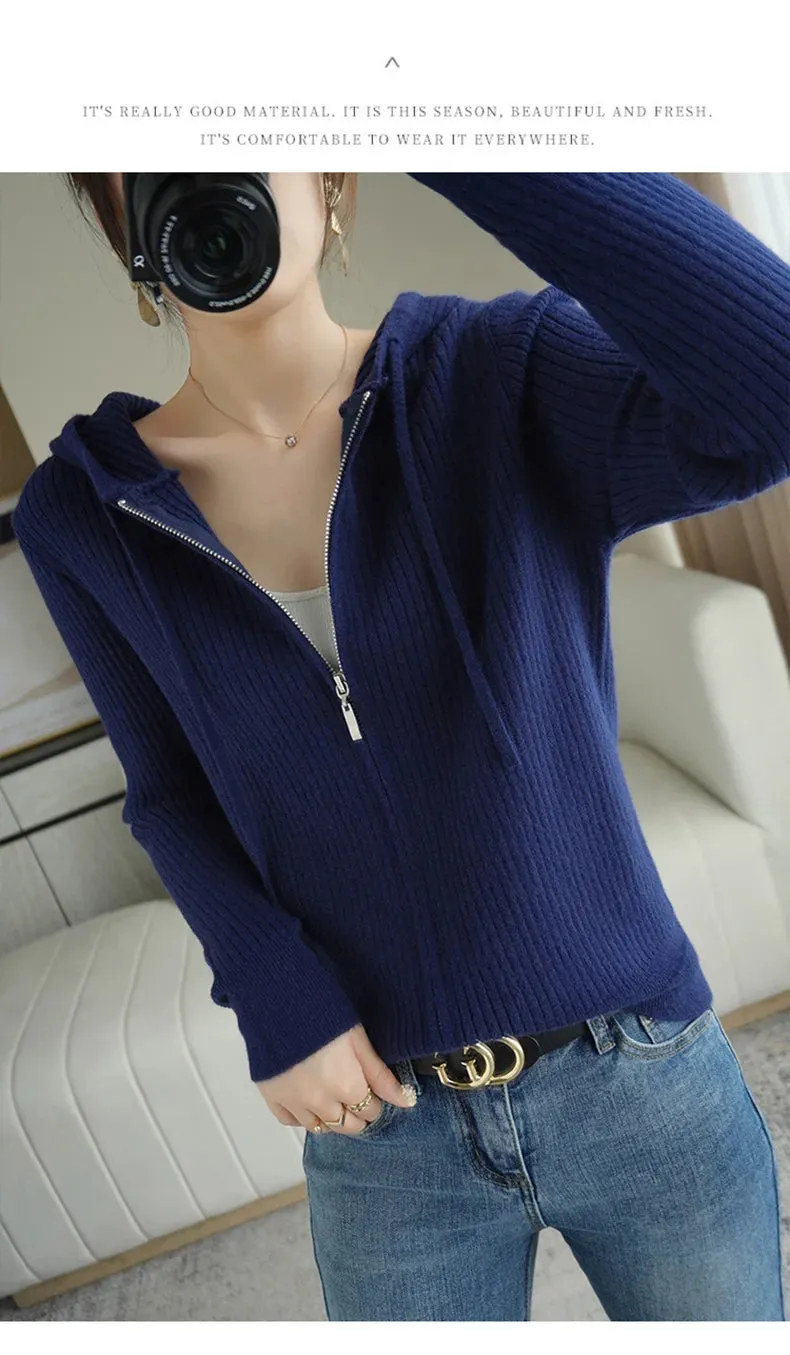 Buttery Soft 100% Pure Merino Wool Knitted  Zipper Hooded Cardigan