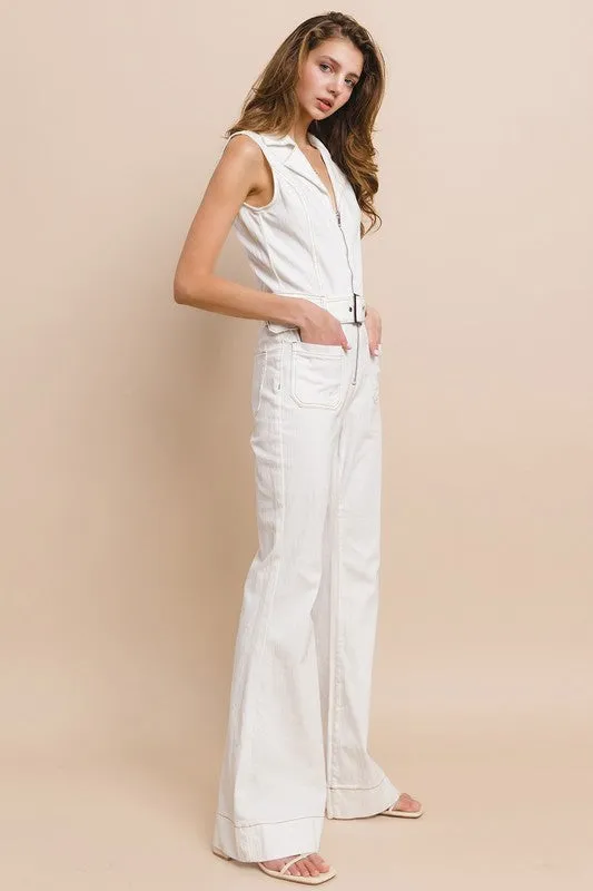 Light Denim Sleeveless Belted Long Denim Jumpsuit