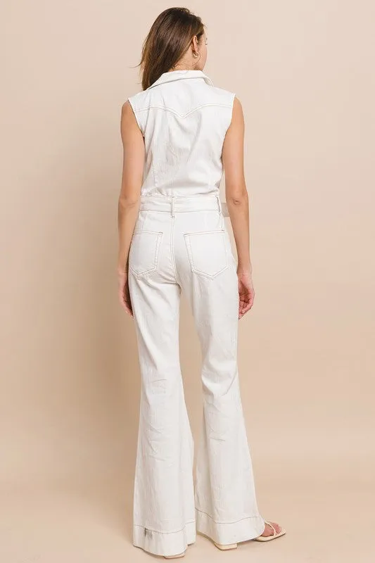 Light Denim Sleeveless Belted Long Denim Jumpsuit
