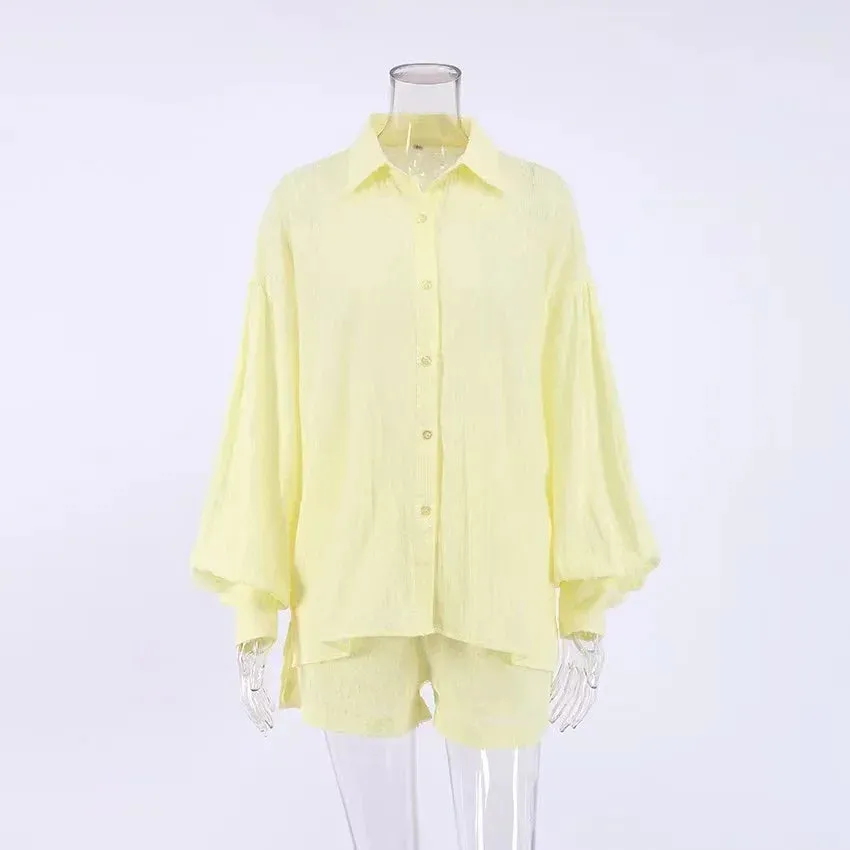LVSANW 2024 New Beach Shirt Shorts Two-Piece Set Women Summer Casual Tracksuit Female Loose Long Sleeve Top Suit Lounge Wear Homewear