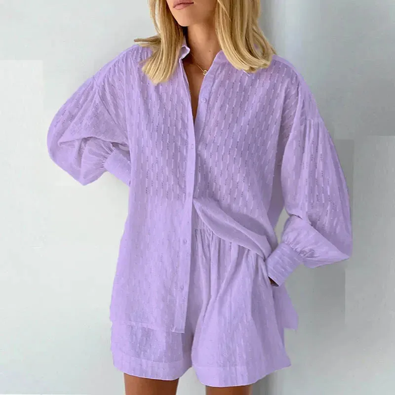LVSANW 2024 New Beach Shirt Shorts Two-Piece Set Women Summer Casual Tracksuit Female Loose Long Sleeve Top Suit Lounge Wear Homewear