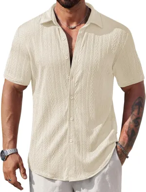 Mens Summer Textured Shirts Short Sleeve Casual Button Down Shirt Beach Vacation Tops (S-XXL)