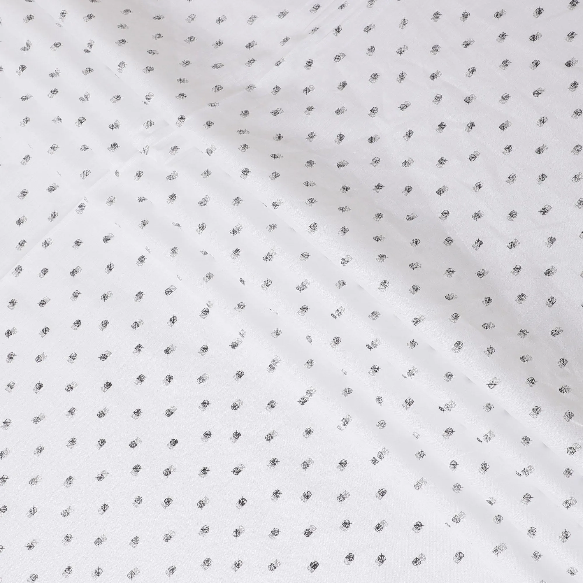White premium pure linen fabric with black and grey print in fancy design-D12275