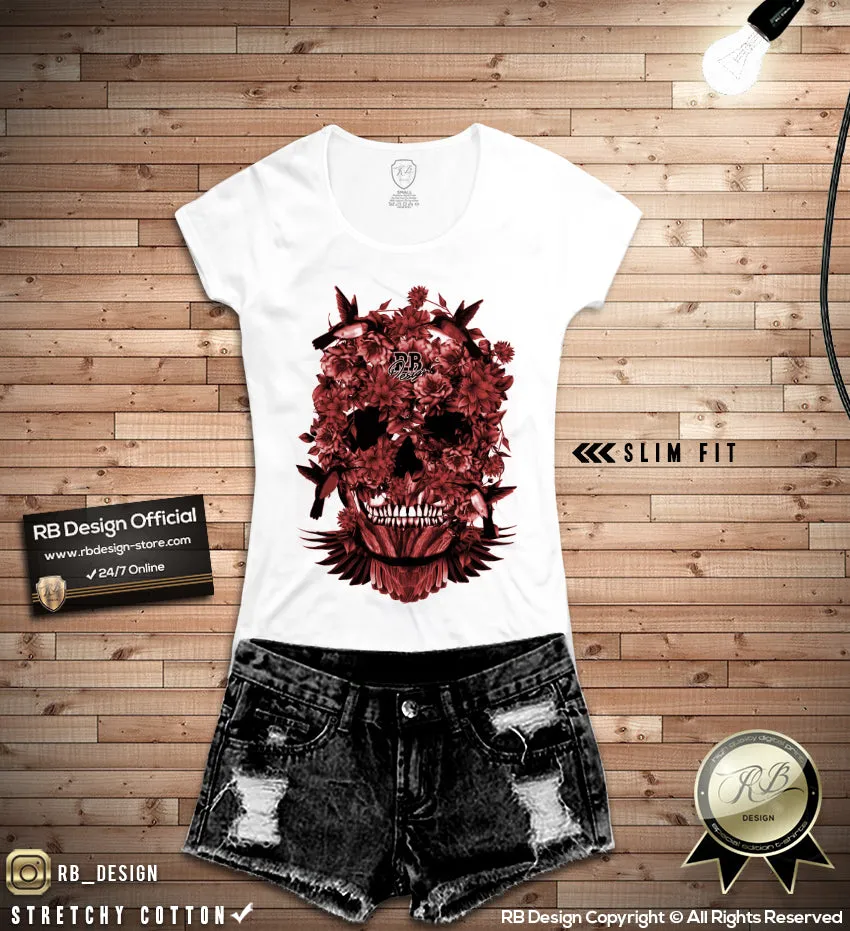 Women's Designer Skull T-shirt Ladies Birds Hummingbirds Flowers Top WD216