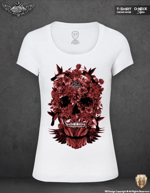 Women's Designer Skull T-shirt Ladies Birds Hummingbirds Flowers Top WD216