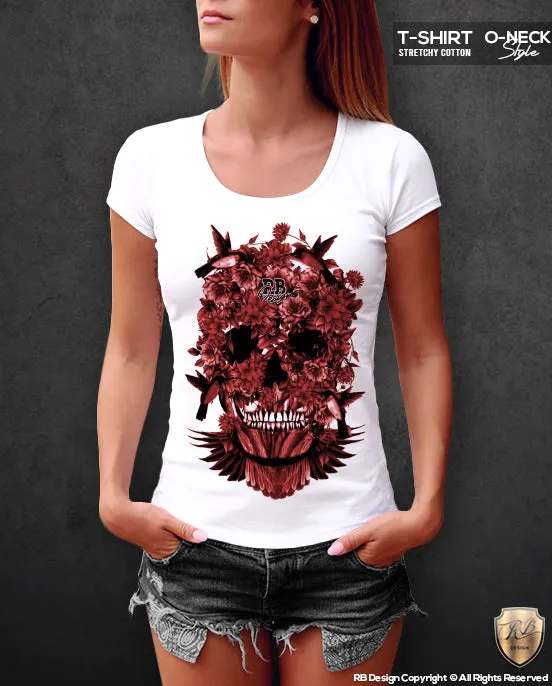 Women's Designer Skull T-shirt Ladies Birds Hummingbirds Flowers Top WD216